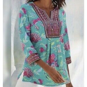 SOFT SURROUNDINGS Maddelena Beaded Sequin Tunic Top Aqua Floral Med Boho Resort